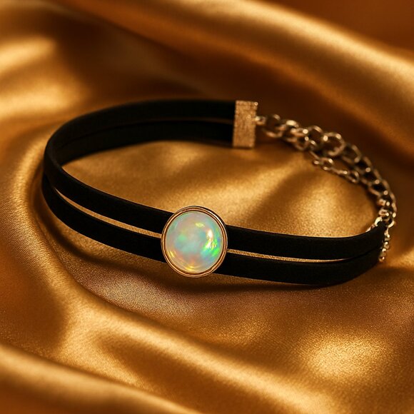 Opal Double-Band Black Leather Choker - Adjustable Silver Chain Necklace Jewelry - Picture 1 of 9